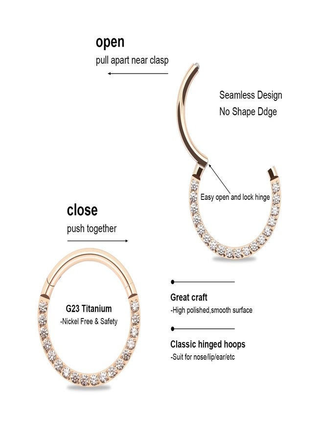 BLISI G23 Titanium Septum Clicker 16G Rose Gold Hinged Nose Segment Ring Hoop 8mm Cubic Zirconia Cartilage Earrings Conch Daith Helix Rook Tragus Ear Body Piercing Jewelry - Image 4